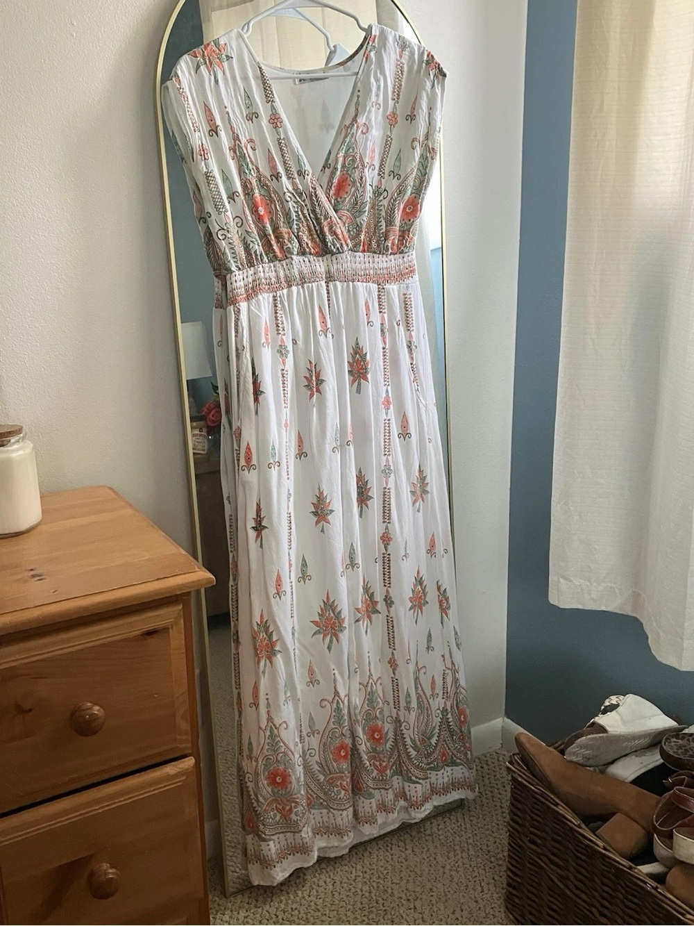 White Maxi Dress with Coral & Sage Floral Print